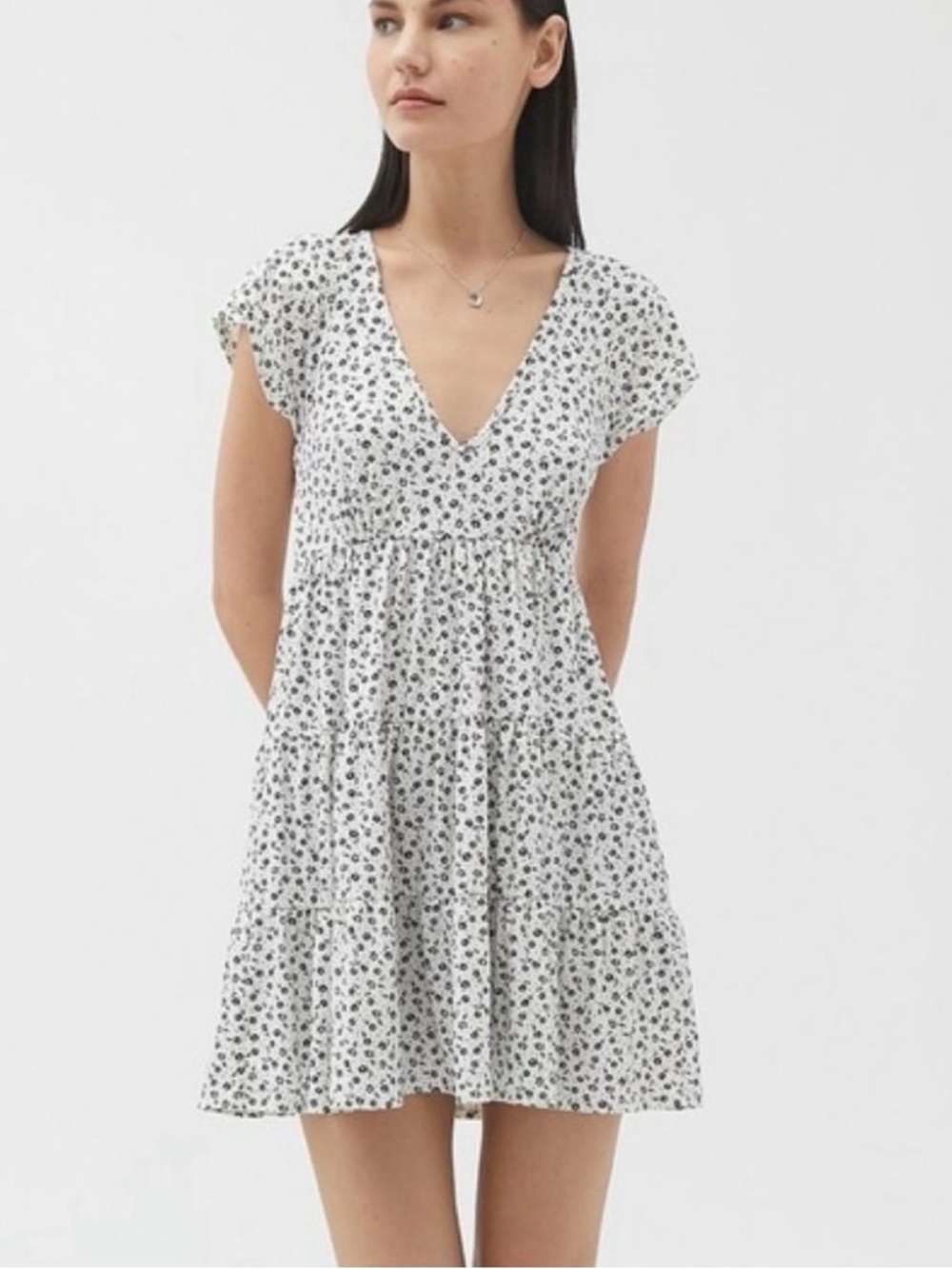 Urban Outfitters: V-Neck Short Sleeve Floral Tiered Mini Dress - White/Black